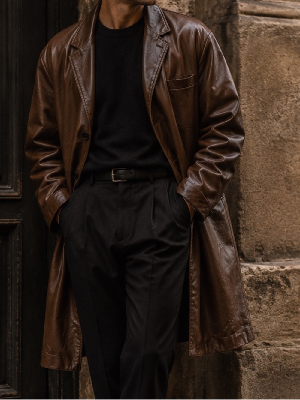 Pronto Uomo Dark Brown Leather Car OverCoat Y2K Italian Fashion